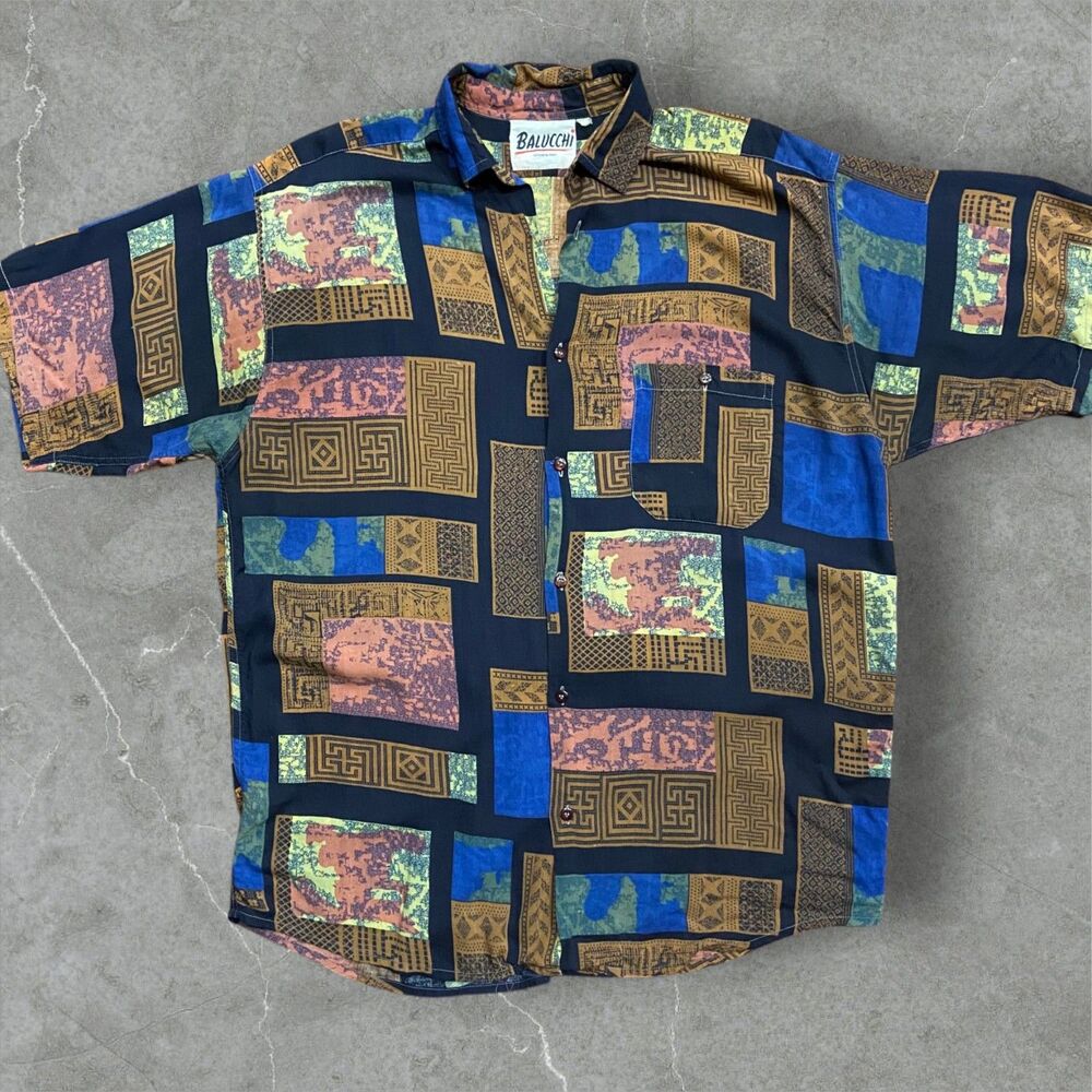 Balucchi Vintage 90s Abstract Rayon Button Up Shirt Multicolor Men's Size XL